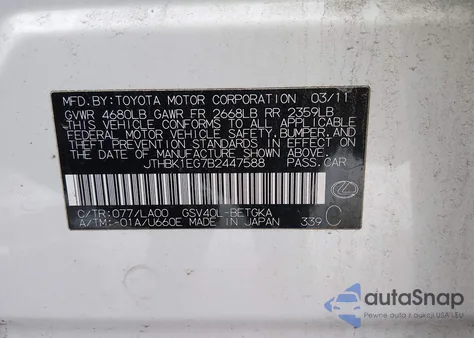 2011 Lexus Es 350 z USA, uszkodzony, nr VIN JTHBK1EG7B2447588